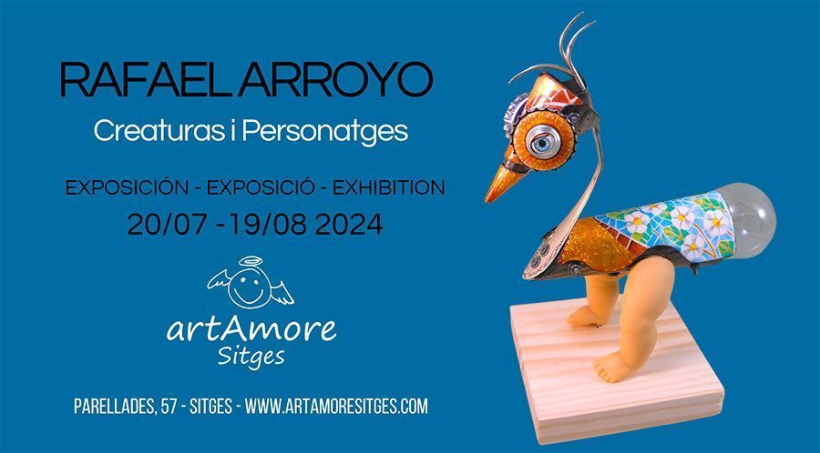 Tarjetón de mi exposición" Creaturas y Personatges " en la galeria artAmore de Sitges .